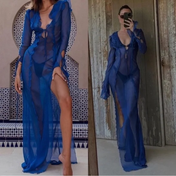 Rat & Boa Cobalt Blue Farretti sheer maxi dress L - Picture 5 of 12